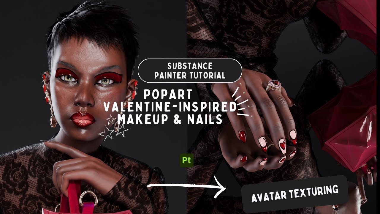 Pop art Valentine inspired makeup and nails in Substance Painter #workflow
