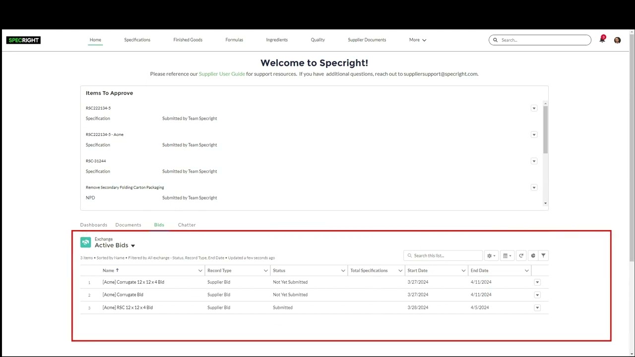 Bid RFP Requests with Specright