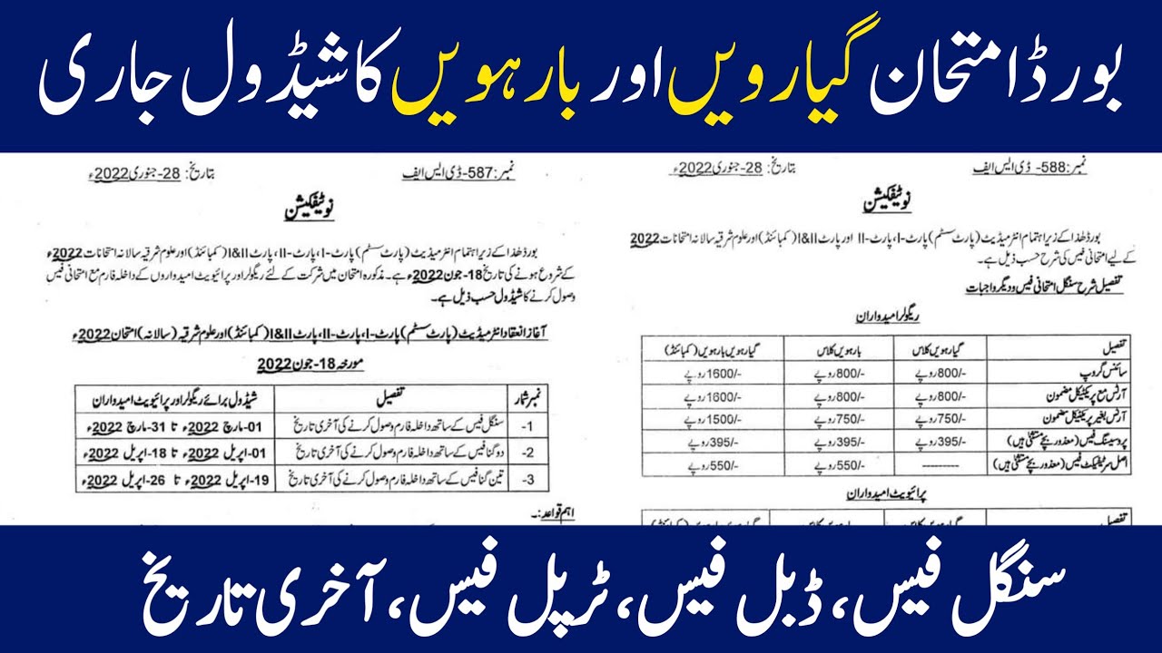 Punjab Board 11th 12th Exams 2022 Full Schedule Last Date, Admission Form, Fees