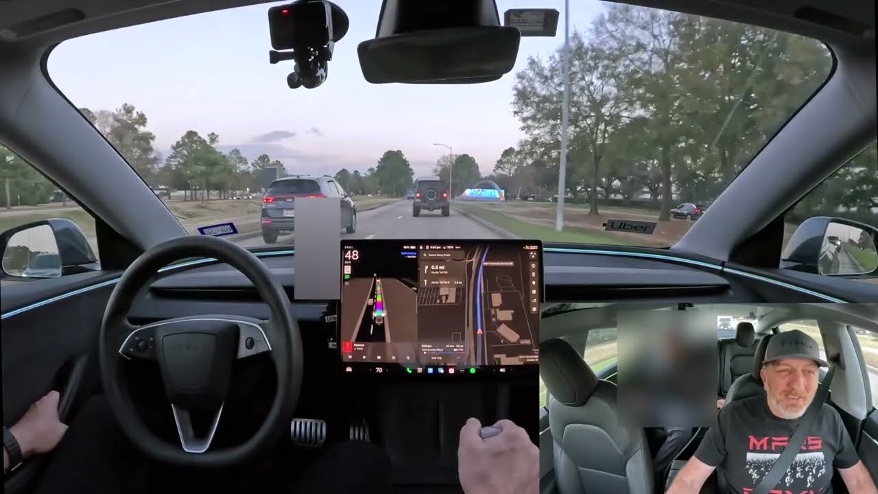 Ubering San Francisco-based AI expert from Houston airport (IAH) to his hotel on Tesla FSD 14.2.2.4