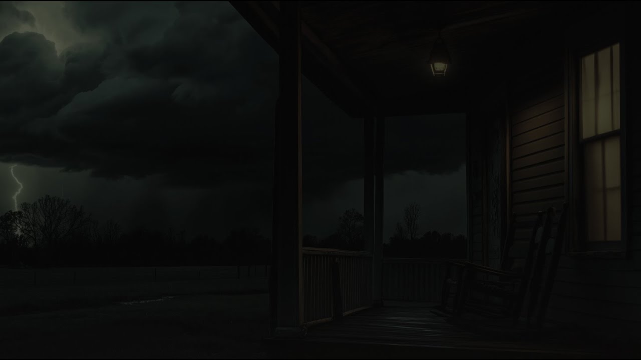 Thunderstorm By The Balcony Of A Small Wooden House, A Spacious Yard In  Night Rain Relieves Stress