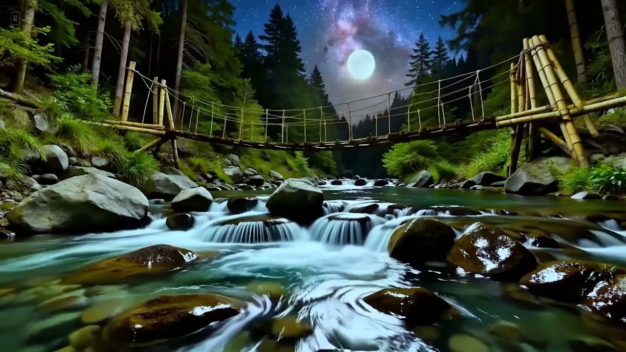 Drift Into Deep Sleep 🌙 Calm Flowing Water & Cool Forest Night Sounds