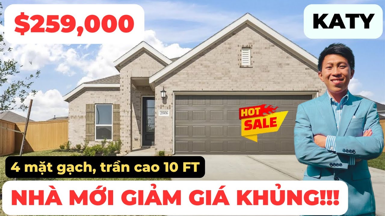 #231 KATY - BUILDER GIẢM GIÁ MỘT CĂN DUY NHẤT $259,000. NHÀ 4 MẶT GẠCH VÀ TRẦN CAO 10 FT!!!!