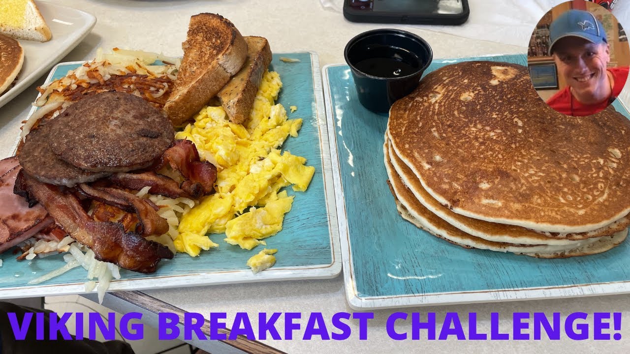 DELICIOUS BREAKFAST CHALLENGE WITH HUGE PANCAKES  - Viking Challenge - Maggie's Cafe (Kalamazoo, MI)