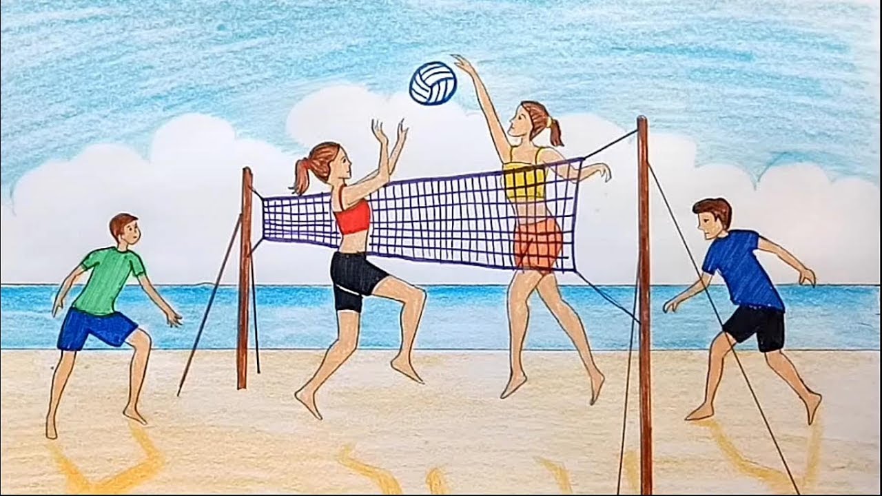 How to draw scenery of girls and boys playing volleyball on the beach