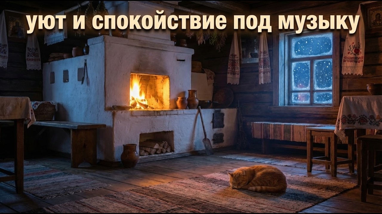Релакс для сна, атмосфера деревня зима, звуки печи и спящий котик. Белый шум
