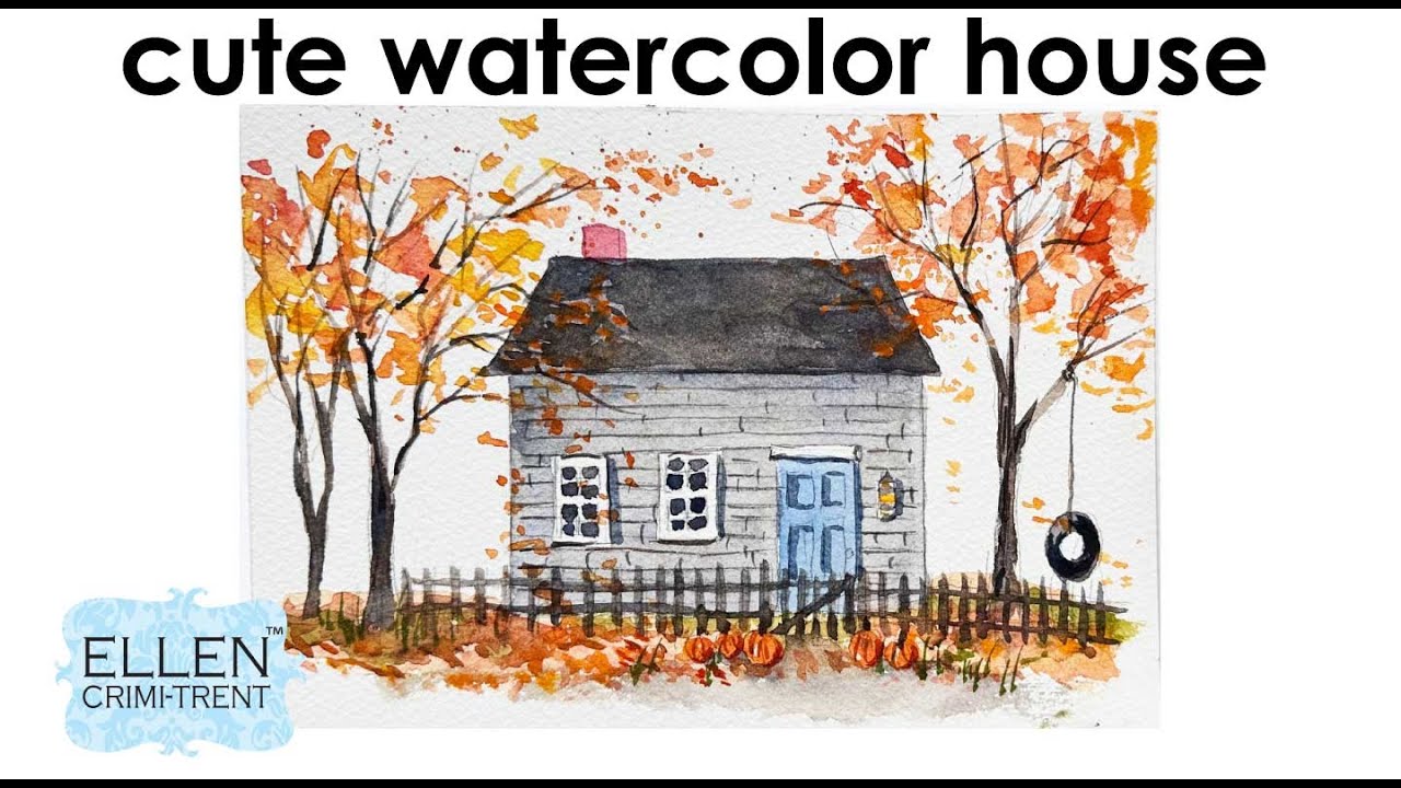 Cute Watercolor  Autumn House painting