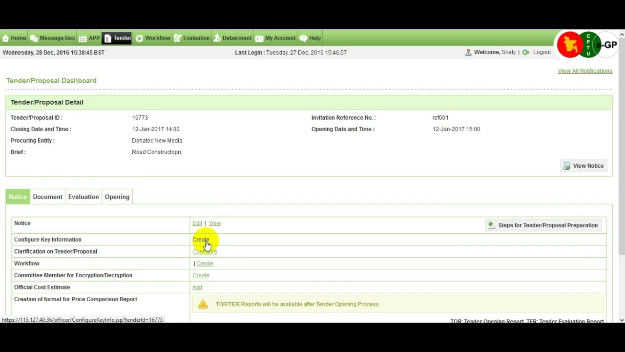 2.5.2 PE User : Tender Preparation : Tender Configure Key Information