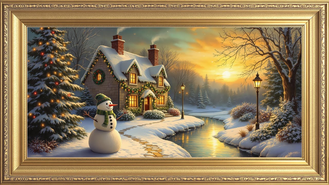 Golden Glow of Christmas: Winter Cottage Charm | Snowfall Screensaver | 4K 2-Hrs