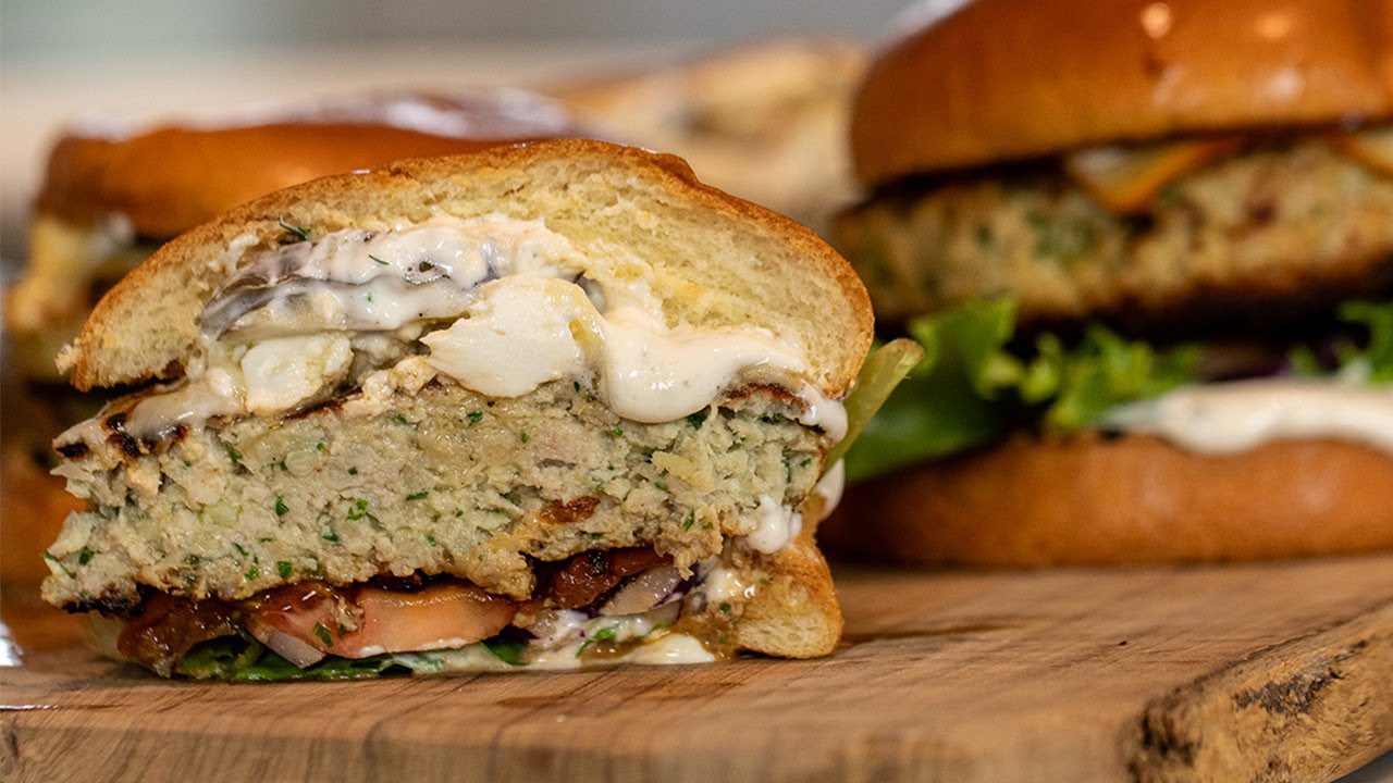 The JUICIEST Chicken Burgers with Sweet Potato Fries and Sauce (Sooooo Good!)