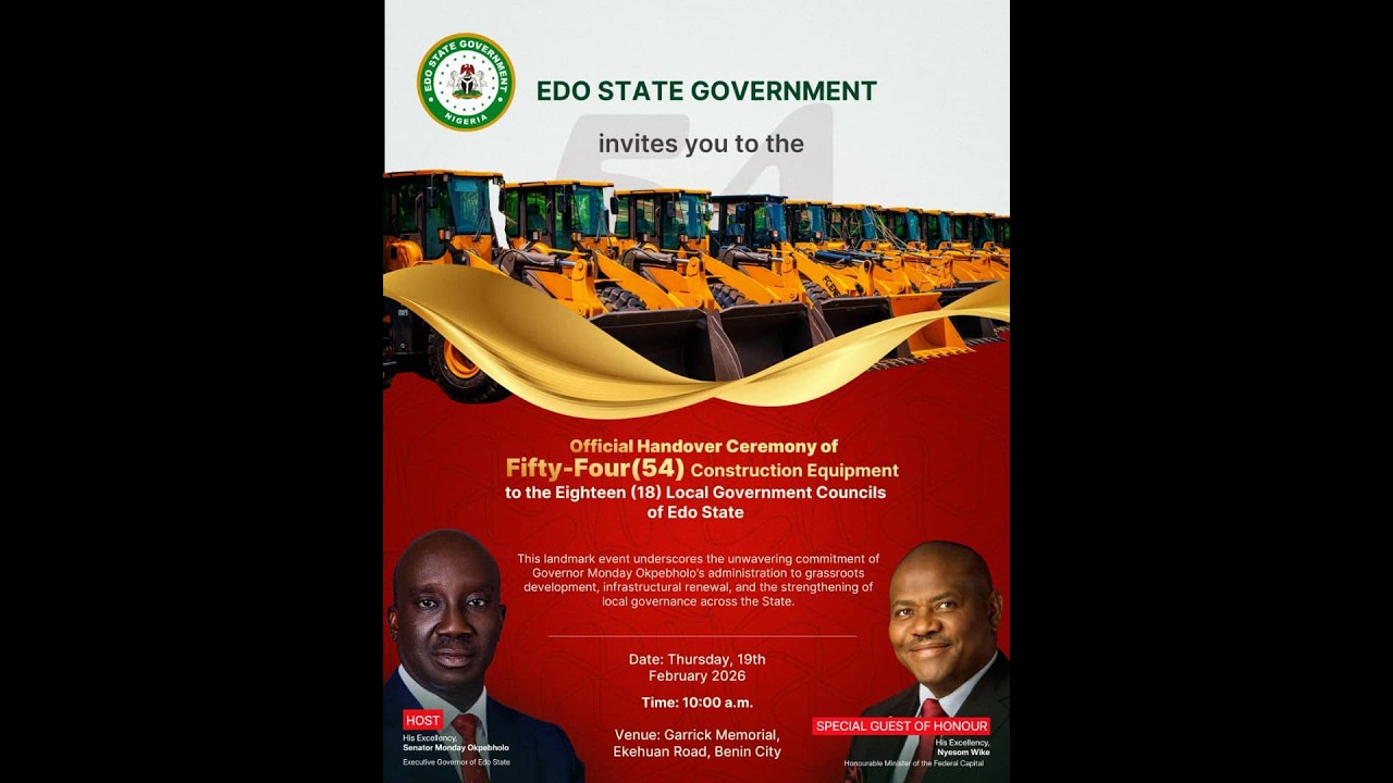 LIVE [EDO]: OFFICIAL HANDOVER CEREMONY OF 54 CONSTRUCTION EQUIPMENT TO 18 LG COUNCILS