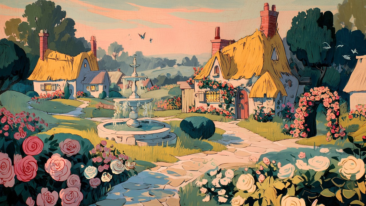 Peaceful Spring Vibes in a Cottage Village | Disney Oldies Playing in Another Room | Relax Ambience