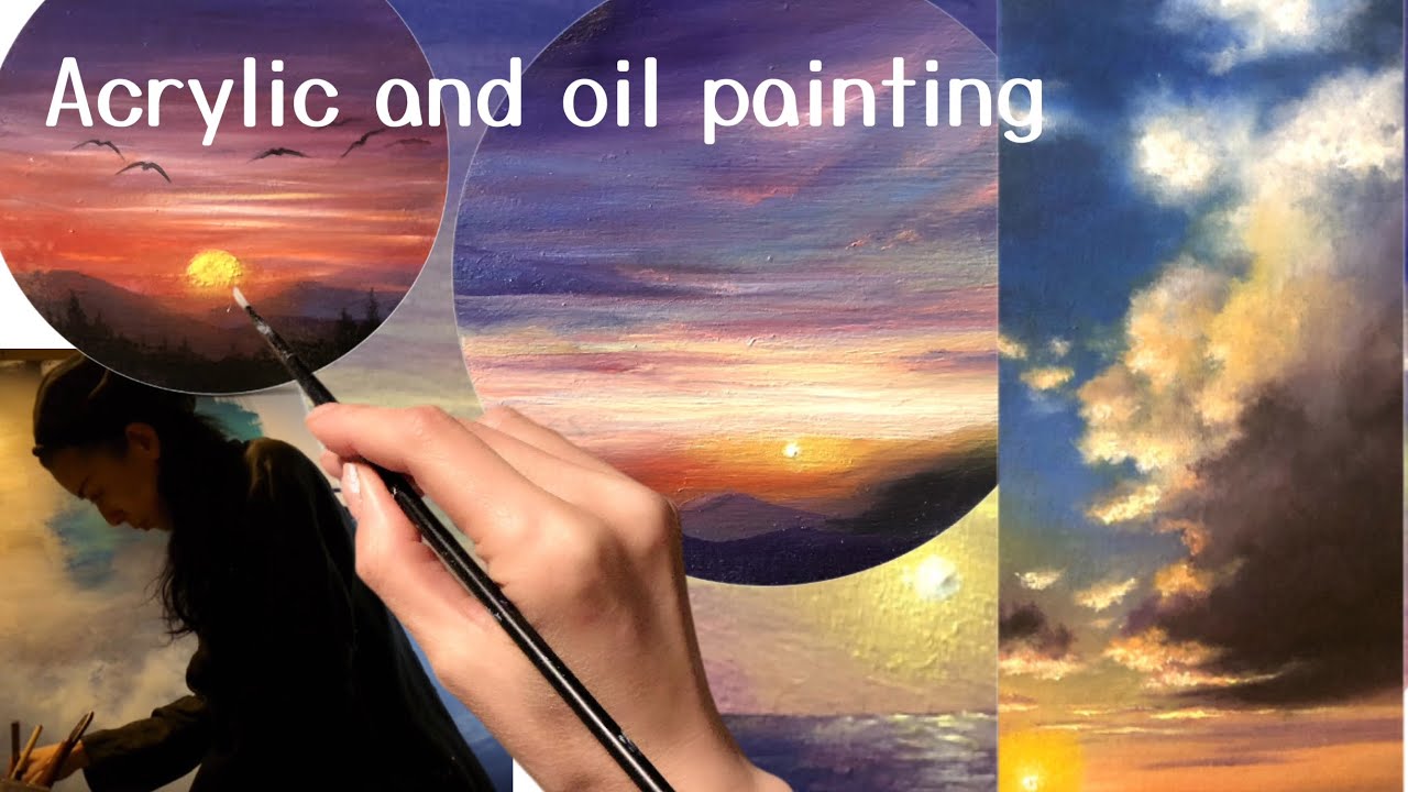 様々な雲と夕陽、朝日、空を描く過程🌸アクリル絵の具、油絵【番外編】 Acrylic and oil painting/landscape painting and flower