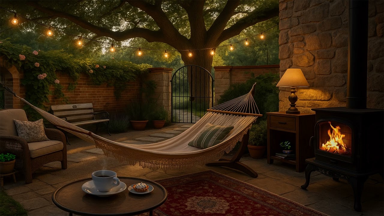 Cozy Hammock Fireplace Ambience | Peaceful Garden Evening with Crackling Fire & No Music