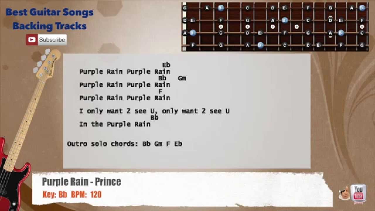 🎻 Purple Rain - Prince Bass Backing Track with scale, chords and lyrics