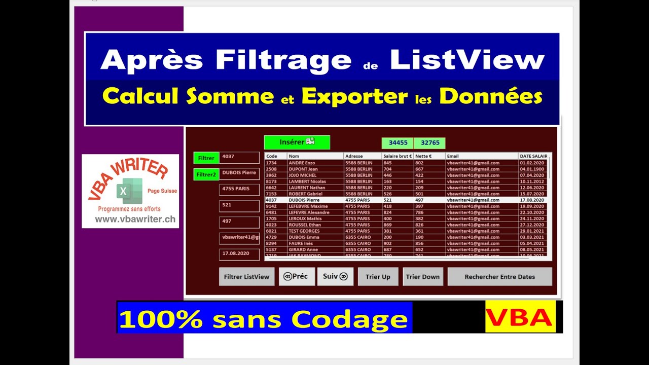 VBA : ListView Après filtrage, Calcul de Somme et Export vers Excel/ Astuces et Tuto 96 VbaWriter.ch