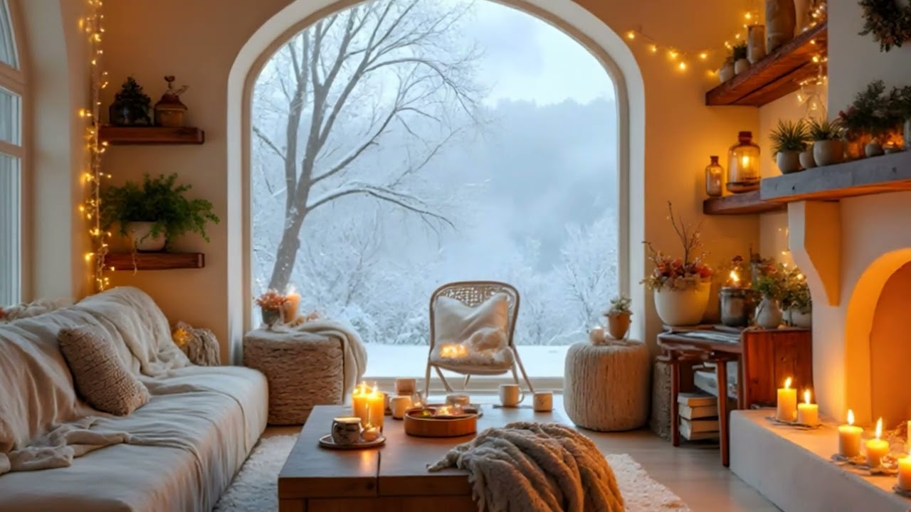 Relaxing Winter Cabin Fireplace Ambience with Snow Outside, Warm Interior, and Cozy Atmosphere