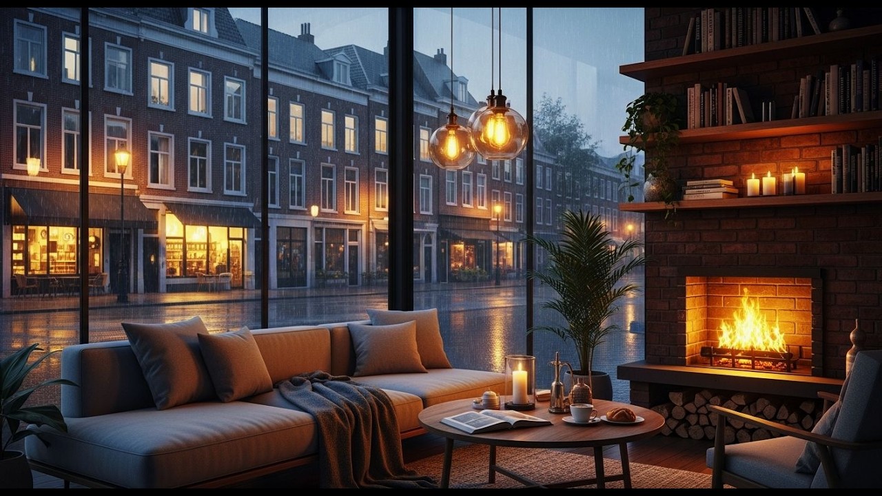 Warm Rainy Evening Café – Smooth Jazz Piano & Fireplace Ambience by the Window