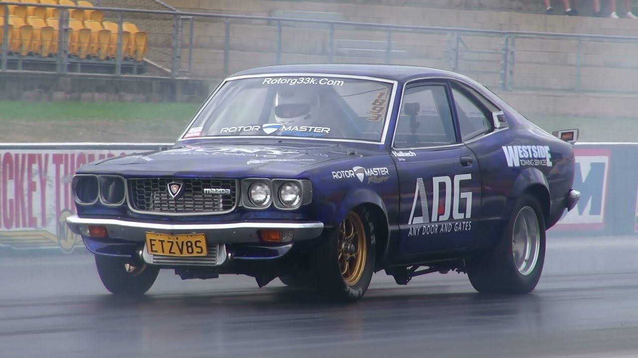 ROTORG33K MAZDA RX3 13B TURBO ETZV8S RUNS 9.12 @ 145 MPH AT SYDNEY DRAGWAY 18.1.2013