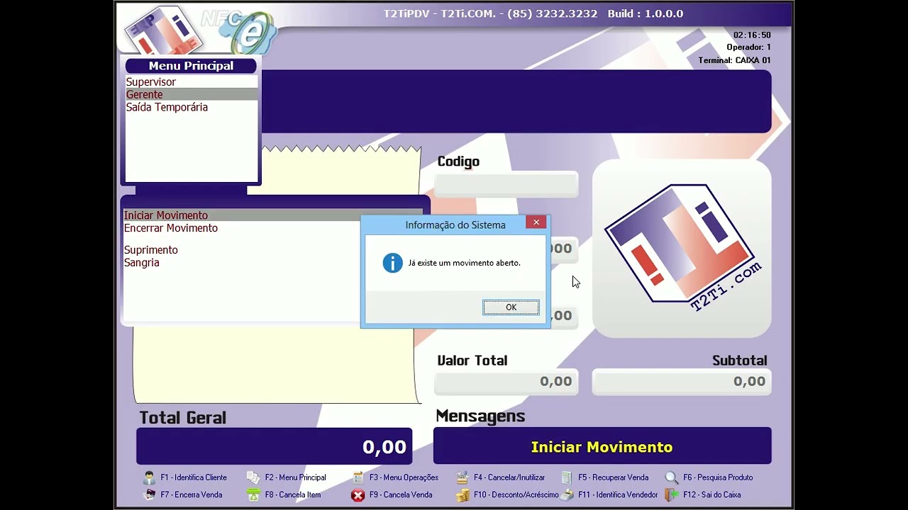T2Ti ERP 2.0 - Delphi - NFC-e Desktop - Videoaula 08 - Menu Principal - Inicia Movimento