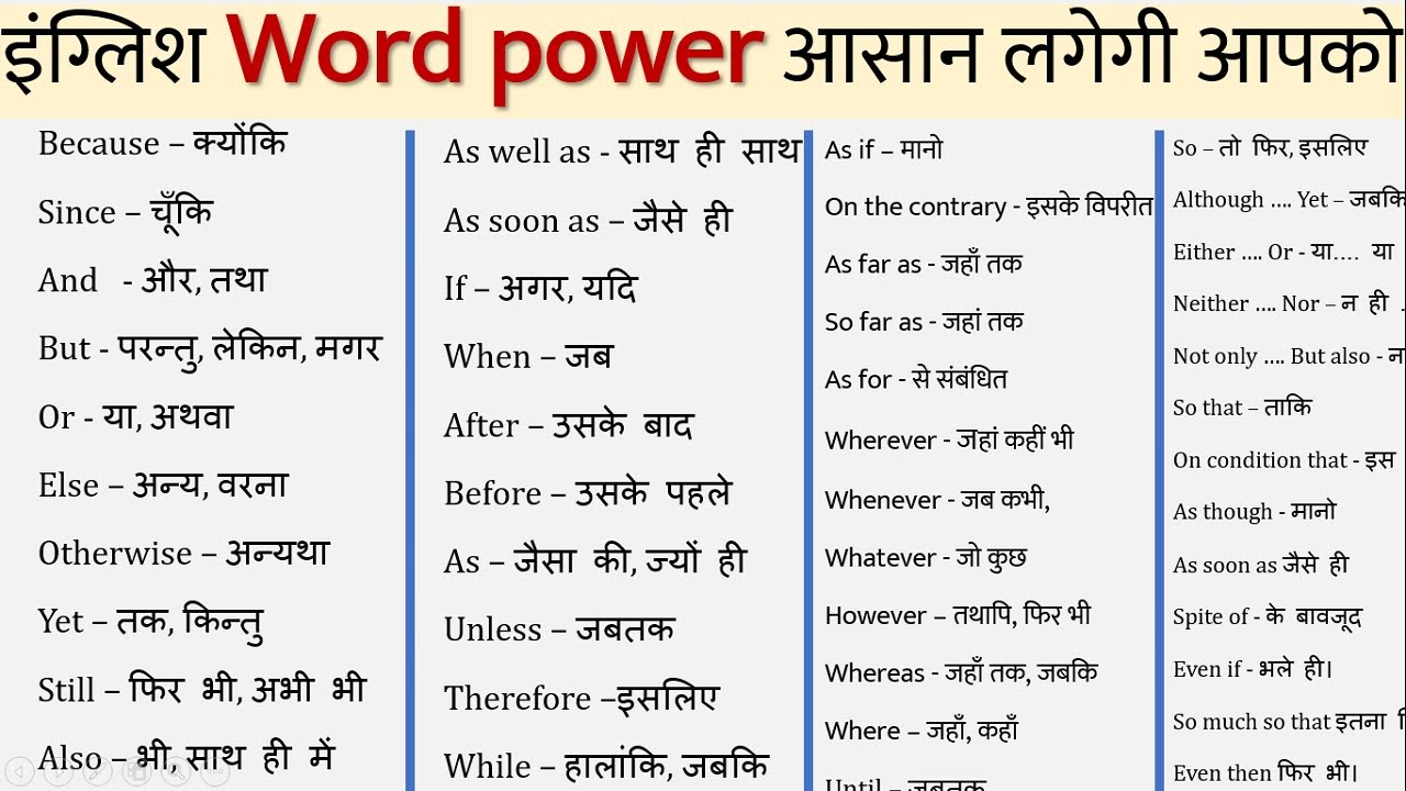 Word Power English to Hindi |Adverb, Conjunction list with Examples | Daily Use Sentences in English