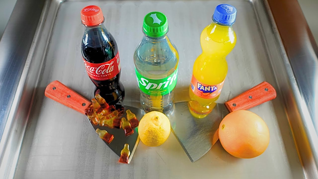 Coca Cola, Fanta, Sprite Combination. Which Flavor prevails in Ice Cream Rolls? 🥤🍊✨ #cocacola #fanta
