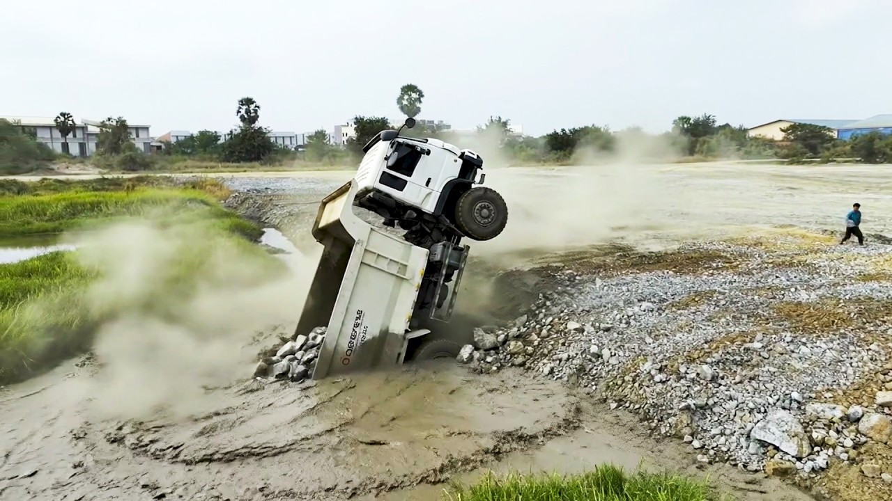 Idiots!! Massive Land Filling Project! SHANTUI Bulldozer & Dangerous Idiots Truck Dumping Gone Wrong