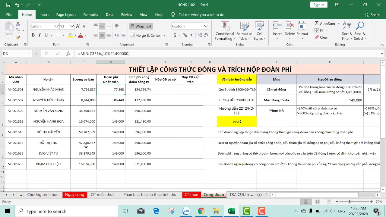Hành chính nhân sự_Bài_4: Tiền công đoàn #Excel #Helen #Học_online