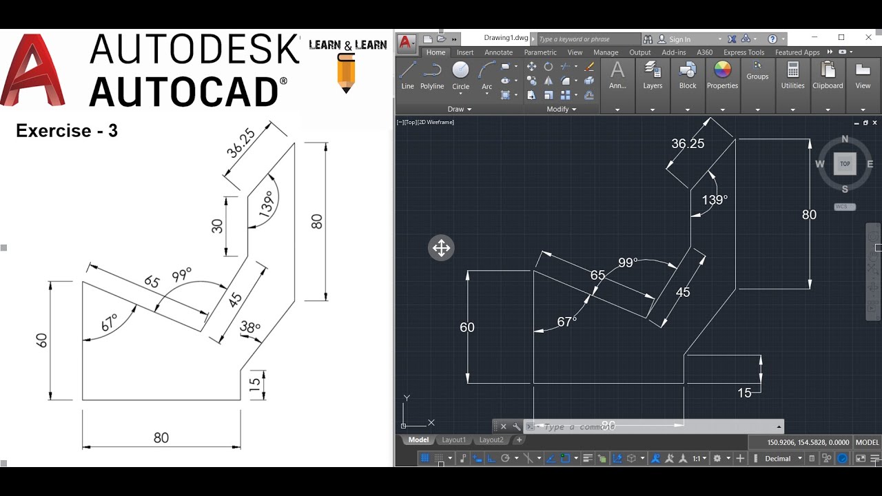 AutoCAD practice exercise 3 ll Based on polar angle ll