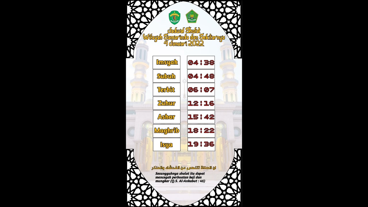 Jadwal Sholat Wilayah Samarinda dan Sekitarnya 4 Januari 2022