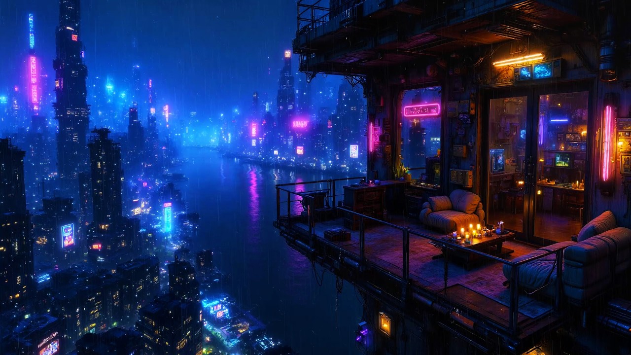 Lofi Ambient – Rainy Cyberpunk Balcony Overlooking Neon City | Relaxing Night Atmosphere | 4K
