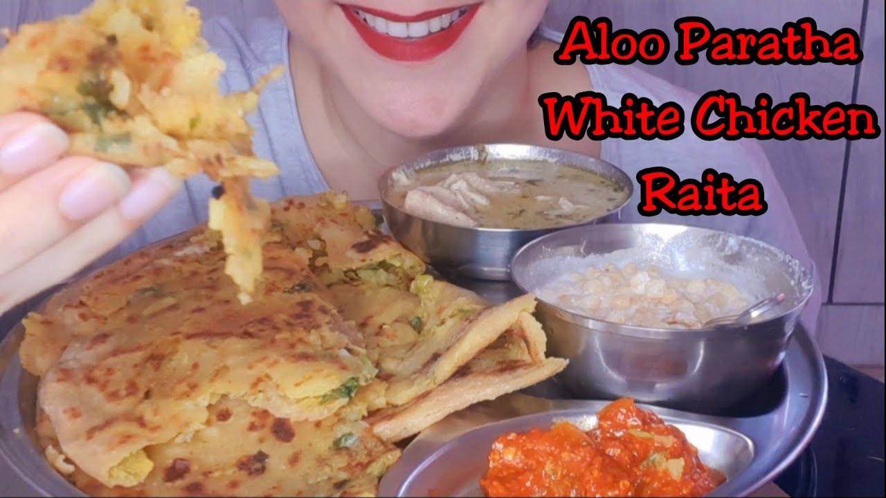 ASMR:Eating Aloo Paratha|White Chicken Gravy|Raita|Indian Food Eating|Eating Show|Indian Street food