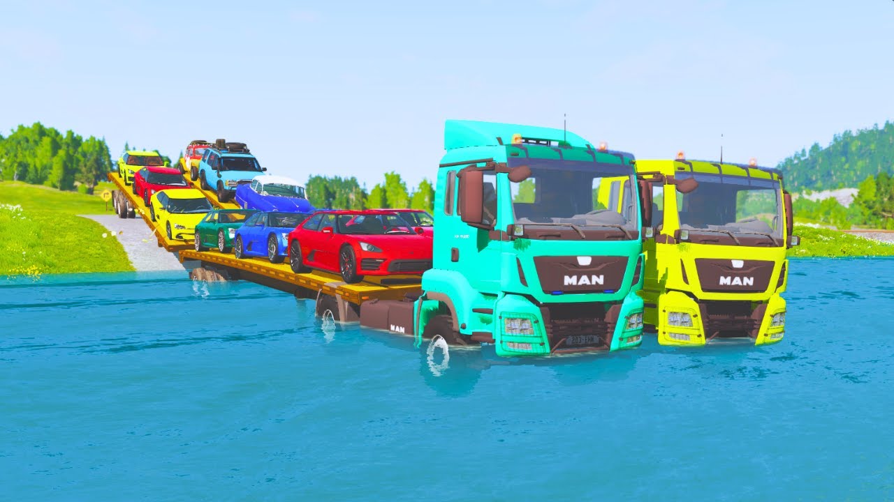 Double Flatbed Trailer Truck vs River vs Lava vs Cars Tractor vs Train vs Beamng.Drive / Eazy Drive
