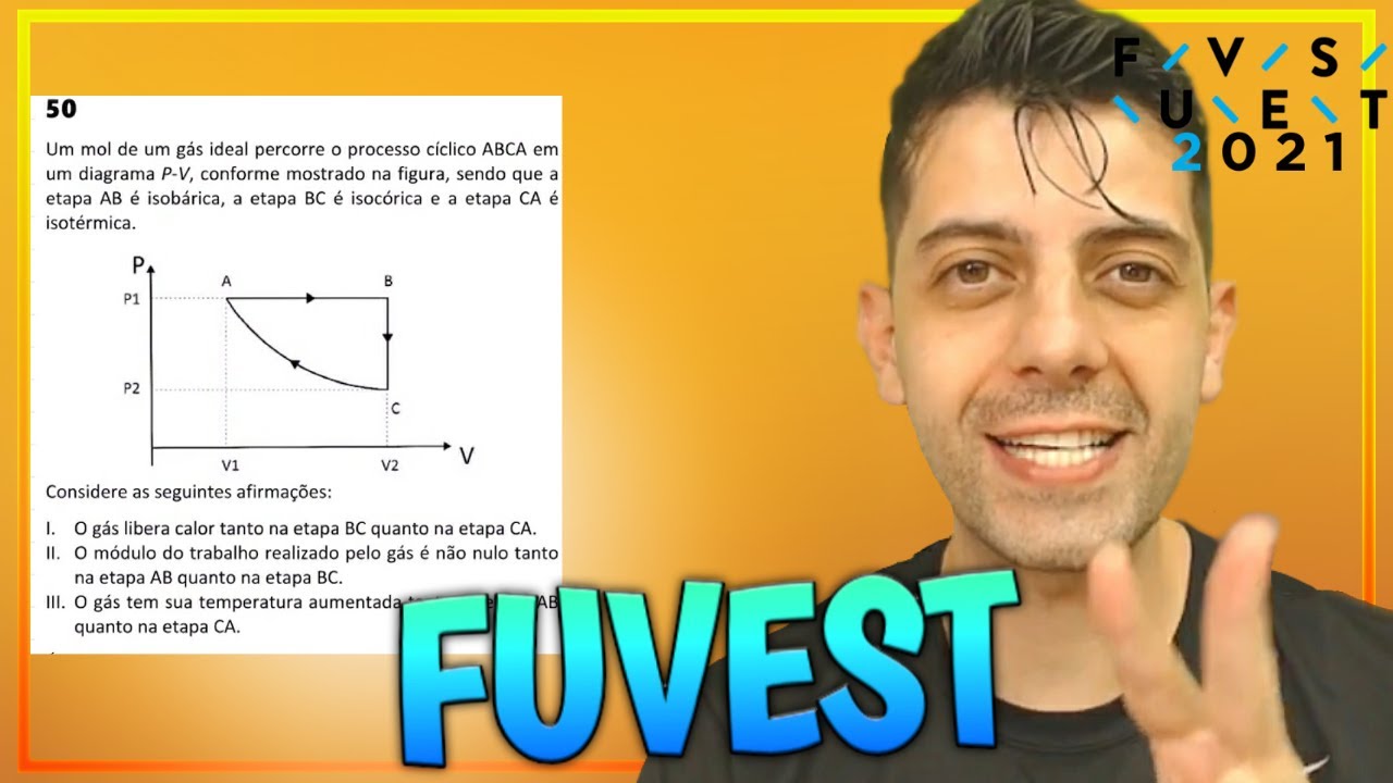 FUVEST 2021 - Q50 Fis - Um mol de um gás ideal percorre o processo cíclico ABCA em um diagrama