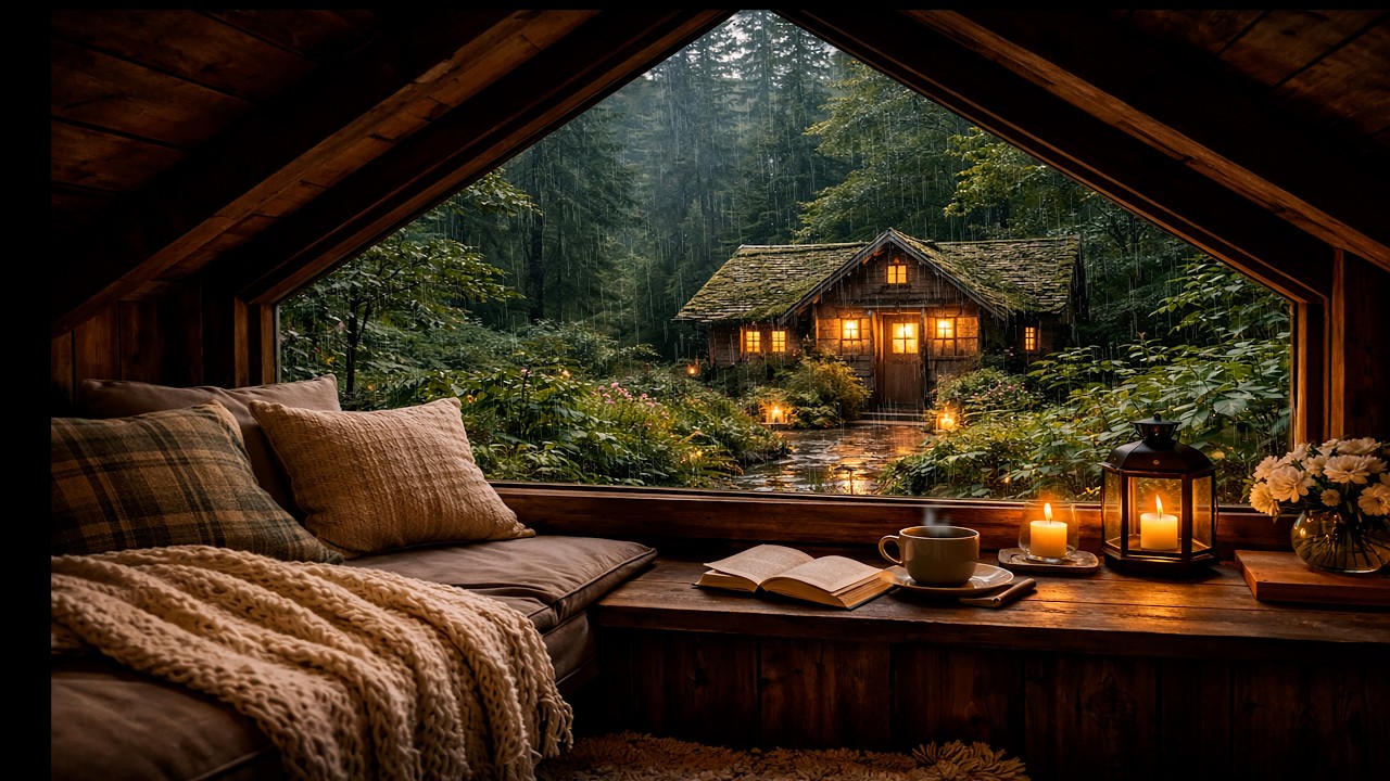 4K Cozy Window Rain Ambience | Forest Cottage Lights + Soft Thunder | Sleep / Study