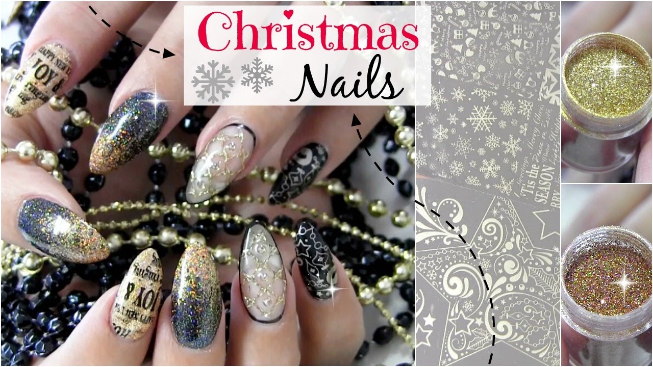 Kerstnagels met gouden glitters en stempels | Beautynailsfun.nl
