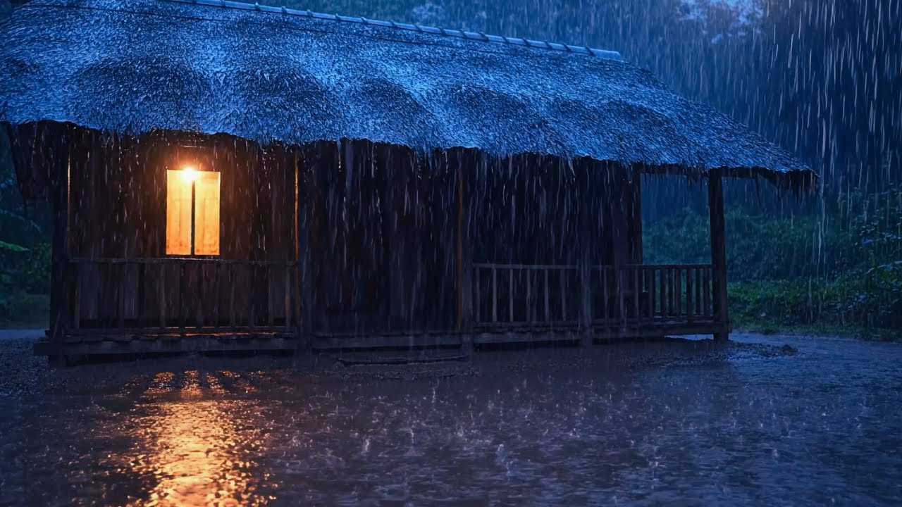 Heavy Rain at a Cozy Wooden Hut 🌧️🔥 | Peaceful Night Ambience
