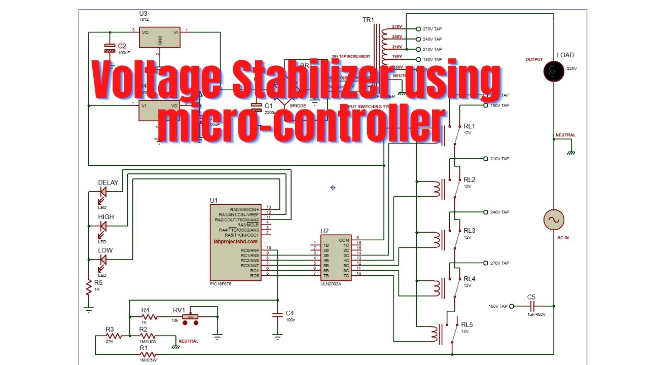 How to make a voltage stabilizer using micro-controller PIC16F676 and 5 relays