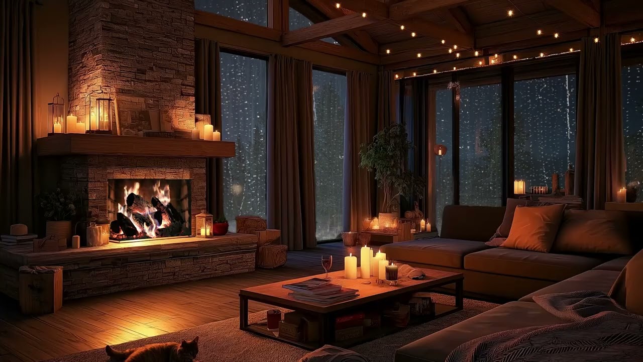 Cozy Wooden Cabin in Heavy Rain 🌧️ Crackling Fireplace & Peaceful Forest View