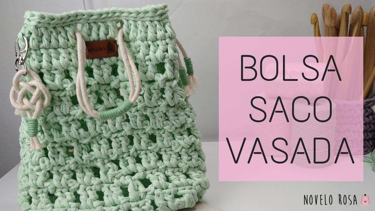 Como fazer Bolsa Saco em crochê com fio de malha e cordão - Novelo Rosa