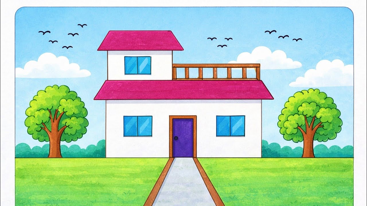 Easy and beautiful house drawing/ house drawing easy with colour/ ghar ka chitra kaise banate hai 