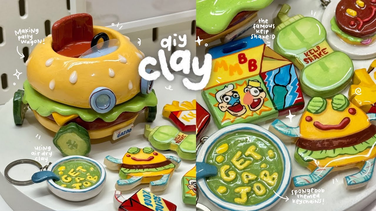 making spongebob themed clay🍔🍟🥒 using air dry clay / no bake