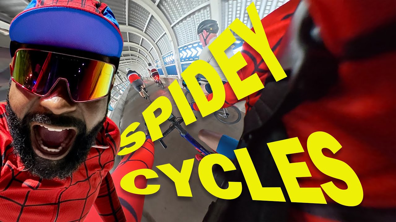 Spider-Man is on a bike