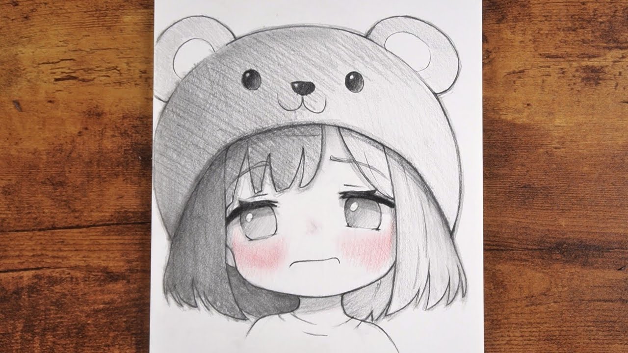 How to Draw a Cute Sad Anime Girl with a Bear Hat | Easy Pencil Sketch