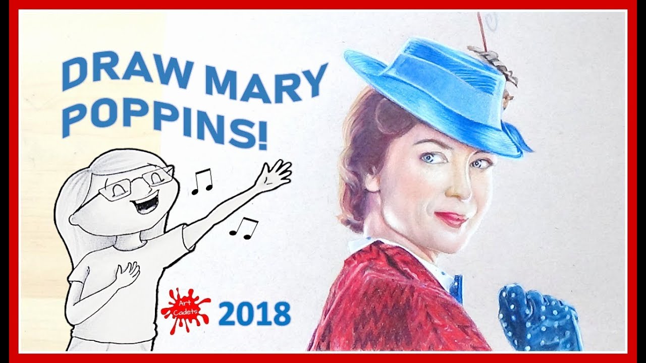 😍Draw MARY POPPINS (Emily Blunt) in COLOURED PENCIL- a step by step TUTORIAL (2018