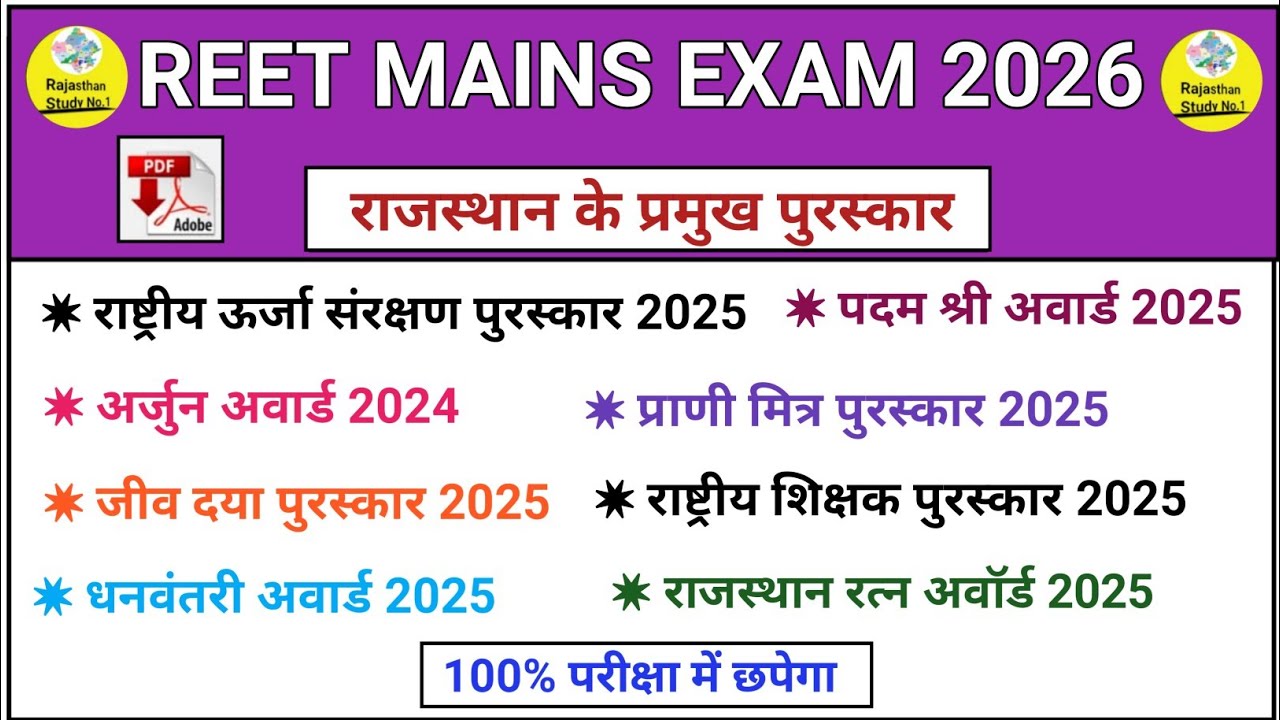 REET MAINS EXAM 2025 l राजस्थान के प्रमुख पुरस्कार 2025। Rajasthan Current Affairs 2025l #reetmains 