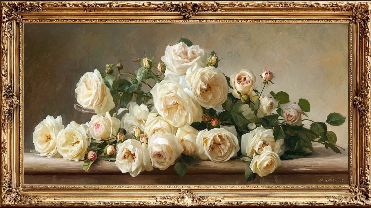 4K Frame TV Art | White Roses Oil Painting – Elegant Wall Decor for Living Room (2 Hours, No Sound)