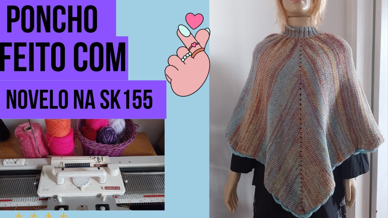 Poncho em uma peça na máquina de tricô.