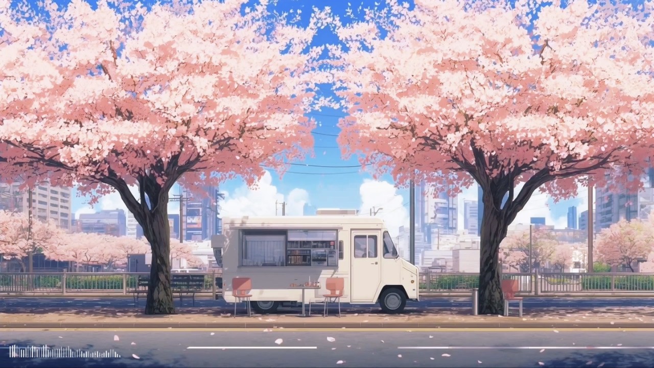 Study Lofi 🌸 Slow Gentle Piano | Sakura Coffee Truck Street Japan