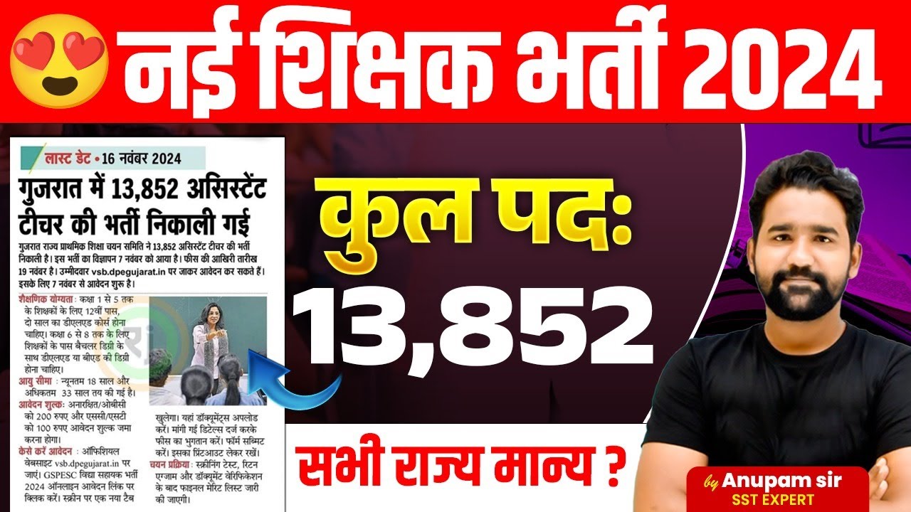 New Teacher Vacancy 2024 Out | Posts: 13,852 | Gujarat Teacher Vacancy 2024 | सभी राज्य मान्य😱